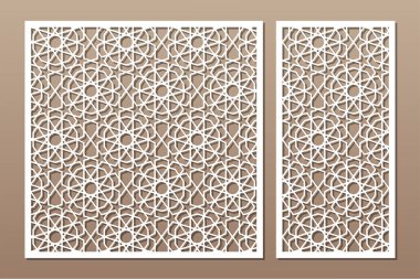 Dekoratif kartı kes. Çizgi, arabesk, Arap modeli. Lazer kesiği. Oran 1: 1, 1: 2. Vektör illüstrasyonu.