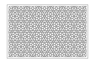 Kesim için dekoratif kart. Üçgen doğrusal mozaik desen. Lazer kesiği. Oran 2: 3. Vektör illüstrasyonu.