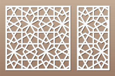 Dekoratif kartı kes. Geometrik Arap mozaik şablonu. Lazer kesiği. Oran 1: 1, 1: 2. Vektör illüstrasyonu.