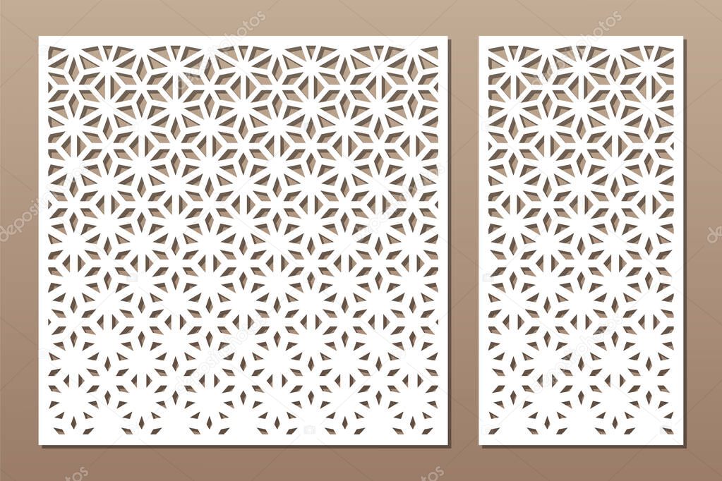 Set decorative card for cutting. Line, arabesque, weaving, Celtic pattern. Laser cut. Ratio 1:1, 1:2. Vector illustration.