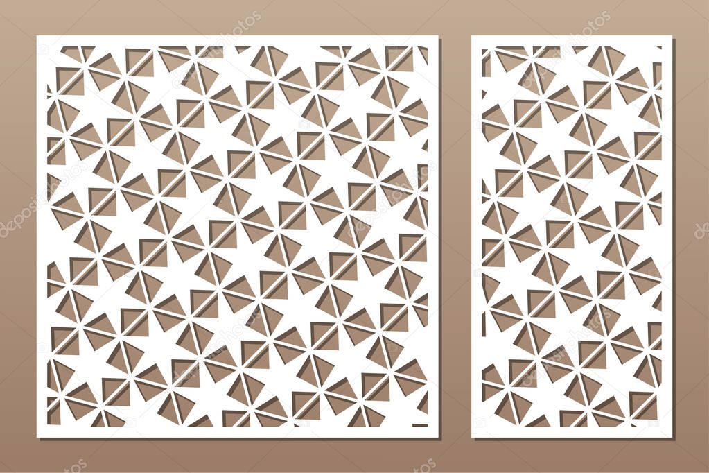 Set decorative card for cutting. Linear geometric Star pattern. Laser cut. Ratio 1:1, 1:2. Vector illustration.