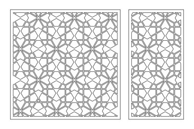 Dekoratif kartı kes. Doğrusal geometrik mozaik desen. Lazer kesiği. Oran 1: 1, 1: 2. Vektör illüstrasyonu.