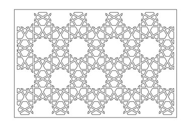 Kesim için dekoratif kart. Arap doğrusal geometrik mozaik deseni. Lazer kesiği. Oranı 3: 2. Vektör illüstrasyonu.