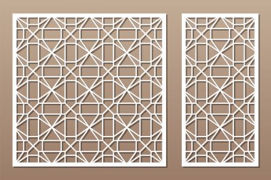 Dekoratif kartı kes. Doğrusal kare geometrik mozaik desen. Lazer kesiği. Oran 1: 1, 1: 2. Vektör illüstrasyonu.