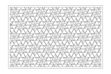 Kesim için dekoratif kart. Doğrusal kare geometrik mozaik desen. Lazer kesiği. Oranı 3: 2. Vektör illüstrasyonu.
