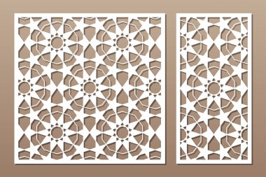 Dekoratif kartı kes. Arap desenli geometrik mozaik desen. Lazer kesiği. Oran 1: 1, 1: 2. Vektör illüstrasyonu.
