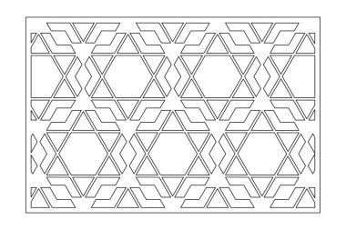 Kesim için dekoratif kart. Arapça doğrusal mozaik desen. Lazer kesiği. Oranı 3: 2. Vektör illüstrasyonu.