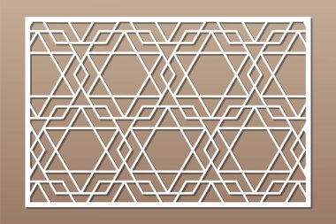 Kesim için dekoratif kart. Arapça doğrusal mozaik desen. Lazer kesiği. Oranı 3: 2. Vektör illüstrasyonu.