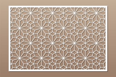 Kesim için dekoratif kart. Arapça doğrusal mozaik desen. Lazer kesiği. Oranı 3: 2. Vektör illüstrasyonu.