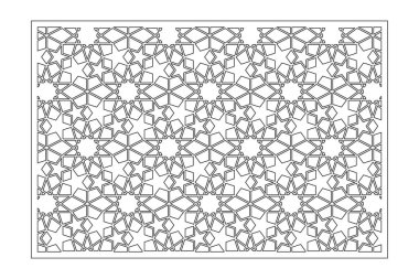 Kesim için dekoratif kart. Arap geometrik mozaik modeli. Lazer kesiği. Oranı 3: 2. Vektör illüstrasyonu.