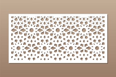 Kesim için dekoratif kart. Arap geometrik mozaik modeli. Lazer kesiği. Oran 1: 2. Vektör illüstrasyonu.