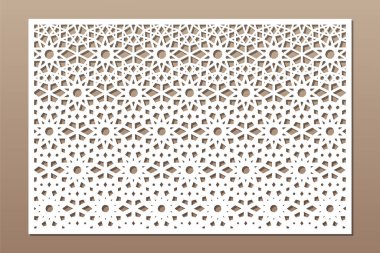 Kesim için dekoratif kart. Arap geometrik mozaik modeli. Lazer kesiği. Oranı 3: 2. Vektör illüstrasyonu.