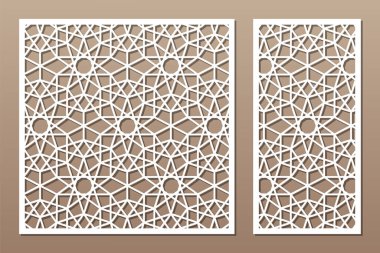 Dekoratif kartı kes. Arap geometrik mozaik modeli. Lazer kesiği. Oran 1: 1, 1: 2. Vektör illüstrasyonu.