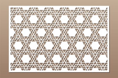 Kesim için dekoratif kart. Arap geometrik mozaik modeli. Lazer kesiği. Oranı 3: 2. Vektör illüstrasyonu.