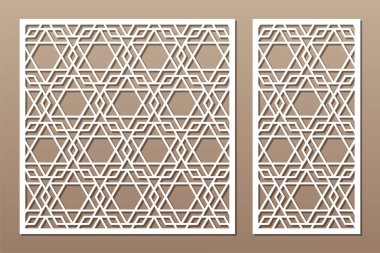 Dekoratif kartı kes. Arap geometrik mozaik modeli. Lazer kesiği. Oran 1: 1, 1: 2. Vektör illüstrasyonu.