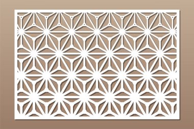 Kesim için dekoratif kart. Tekrarlanan geometrik mozaik desen. Lazer kesiği. Oranı 3: 2. Vektör illüstrasyonu.