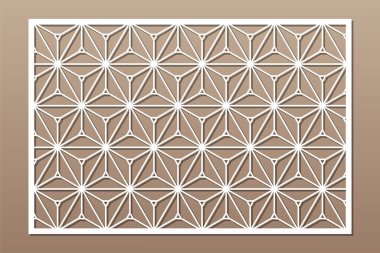 Kesim için dekoratif kart. Tekrarlanan geometrik mozaik desen. Lazer kesiği. Oranı 3: 2. Vektör illüstrasyonu.