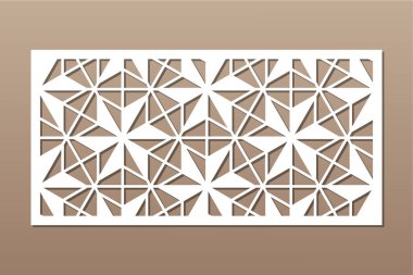 Kesim için dekoratif kart. Tekrarlanan doğrusal geometrik mozaik desen. Lazer kesiği. Oran 1: 2. Vektör illüstrasyonu.