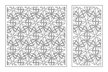 Dekoratif kartı kes. Tekrarlanan doğrusal geometrik mozaik desen. Lazer kesiği. Oran 1: 1, 1: 2. Vektör illüstrasyonu.