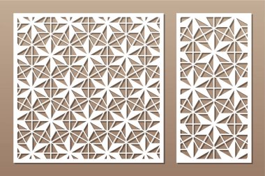 Dekoratif kartı kes. Tekrarlanan doğrusal geometrik mozaik desen. Lazer kesiği. Oran 1: 1, 1: 2. Vektör illüstrasyonu.