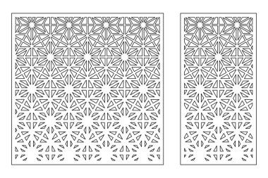 Dekoratif kartı kes. Tekrarlanan doğrusal geometrik mozaik desen. Lazer kesiği. Oran 1: 1, 1: 2. Vektör illüstrasyonu.