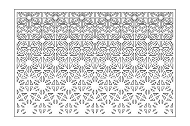 Kesim için dekoratif kart. Tekrarlanan doğrusal geometrik mozaik desen. Lazer kesiği. Oranı 3: 2. Vektör illüstrasyonu.