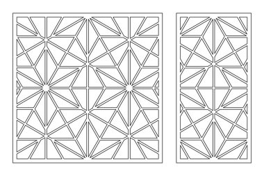 Dekoratif kartı kes. Tekrarlanan doğrusal geometrik mozaik desen. Lazer kesiği. Oran 1: 1, 1: 2. Vektör illüstrasyonu.