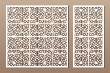 Dekoratif kartı kes. Tekrarlanan doğrusal geometrik mozaik desen. Lazer kesiği. Oran 1: 1, 1: 2. Vektör illüstrasyonu.
