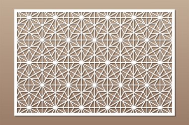 Kesim için dekoratif kart. Tekrarlanan doğrusal geometrik mozaik desen. Lazer kesiği. Oranı 3: 2. Vektör illüstrasyonu.