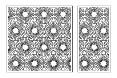 Dekoratif kartı kes. Tekrarlanan doğrusal geometrik mozaik desen. Lazer kesiği. Oran 1: 1, 1: 2. Vektör illüstrasyonu.