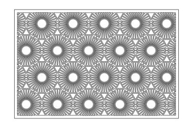 Kesim için dekoratif kart. Tekrarlanan doğrusal geometrik mozaik desen. Lazer kesiği. Oranı 3: 2. Vektör illüstrasyonu.