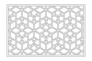 Kesim için dekoratif kart. Tekrarlanan Artistik Arap mozaik modeli. Lazer kesiği. Oranı 3: 2. Vektör illüstrasyonu.