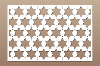 Kesim için dekoratif kart. Tekrarlanan Artistik Arap mozaik modeli. Lazer kesiği. Oranı 3: 2. Vektör illüstrasyonu.