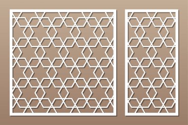 Dekoratif kartı kes. Tekrarlanan Artistik Arap mozaik modeli. Lazer kesiği. Oran 1: 1, 1: 2. Vektör illüstrasyonu.
