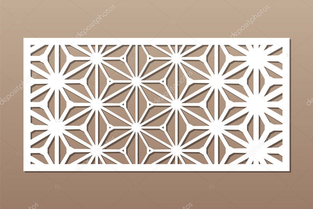 Decorative card for cutting. Recurring geometric mosaic pattern. Laser cut. Ratio 1:2. Vector illustration.
