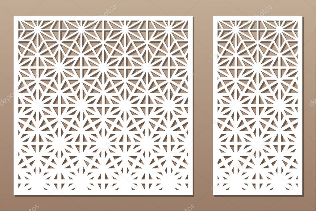 Set decorative card for cutting. Recurring linear geometric mosaic pattern. Laser cut. Ratio 1:1, 1:2. Vector illustration.