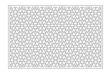 Kesim için dekoratif kart. Tekrarlanan Artistik Arap mozaik modeli. Lazer kesiği. Oranı 3: 2. Vektör illüstrasyonu.