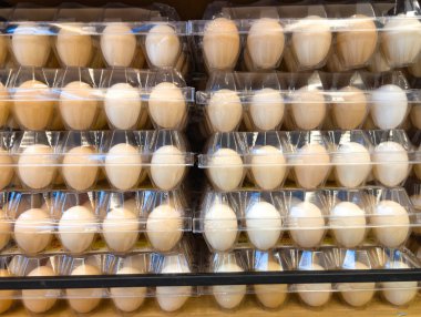 Süpermarketlerde şeffaf plastik kutulara yerleştirilmiş taze yumurtalar.