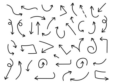 El çizimi Oklar simgeleri ayarlandı. Oklar büyük siyah simge seti. Ok simgeleri sembol tasarımı. Ok düz vektör koleksiyonu