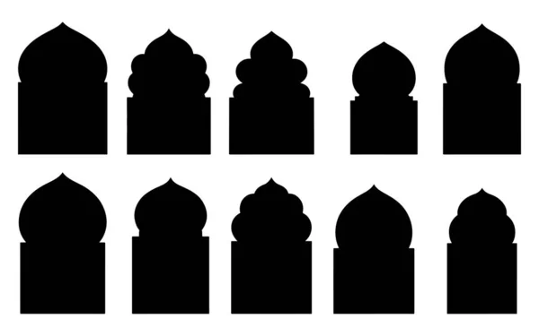 İslami Doğu Kapıları ve Kemerler Siluet Şekil Koleksiyonu. Beyaz arkaplan üzerindeki otantik Arapça ve Müslüman Mimari Çerçeve Vektörü çizimi