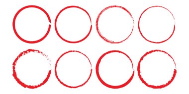 Beyaz arkaplanda kırmızı el yuvarlak çember fırça çerçeve çizimi koleksiyonu