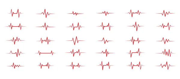 Beyaz zemin üzerinde izole edilmiş Red Heartbeat Line vektörü seti. Nabız, kalp atışı, sağlık, sağlık, sağlık, kardiyogram, EKG, EKG, kalp, kırmızı, çizgi sanat sembolü