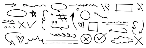 Çeşitli El Çizimi Şekiller ve Semboller Koleksiyonu. karalama el çizilmiş vurgulama çizgisi, ışıltı tasarım elemanı vektörü
