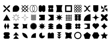 Geometrik Şekiller Toplama Siyah ve Beyaz Soyut Tasarım Markalaştırma Elementleri. Y2k tasarım element vektörü