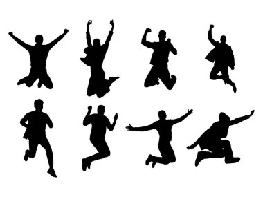 Zıplayan adamların dinamik siluetleri Başarı Kutlaması Neşeli Eylem Pozisyonları vektör ilülasyonu