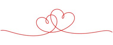 Beyaz arka planda izole edilmiş tek bir hatta bağlı iki kırmızı kalp.