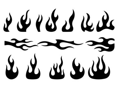 Beyaz arkaplanda izole edilmiş alev şekilleri koleksiyonu. Klasik 90 'lar tarzı, motosiklet ve araba stili. Eski moda, eski moda dövmeler.