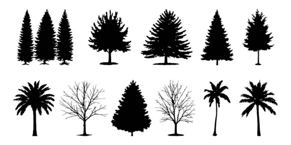 Beyaz arkaplanda izole edilmiş ağaç silüeti vektör illüstrasyonunun koleksiyonu