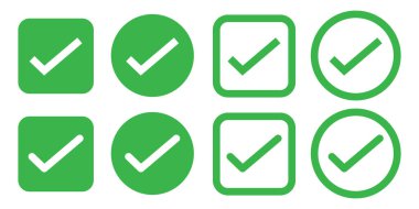 Beyaz arkaplanda izole edilmiş çeşitli şekillerde yeşil işaretleme sembolleri