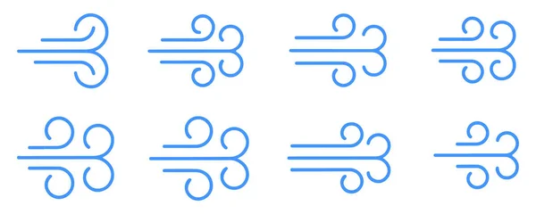 Beyaz arka planda izole edilmiş mavi rüzgar simgeleri hava hareketini gösteriyor. Hava akışı meltemi hava hareketi sembolü